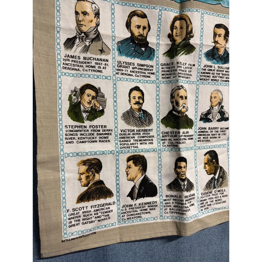 Vintage Famous Irish Americans Linen Tea Towel Made in Ireland JFK Reagan Map